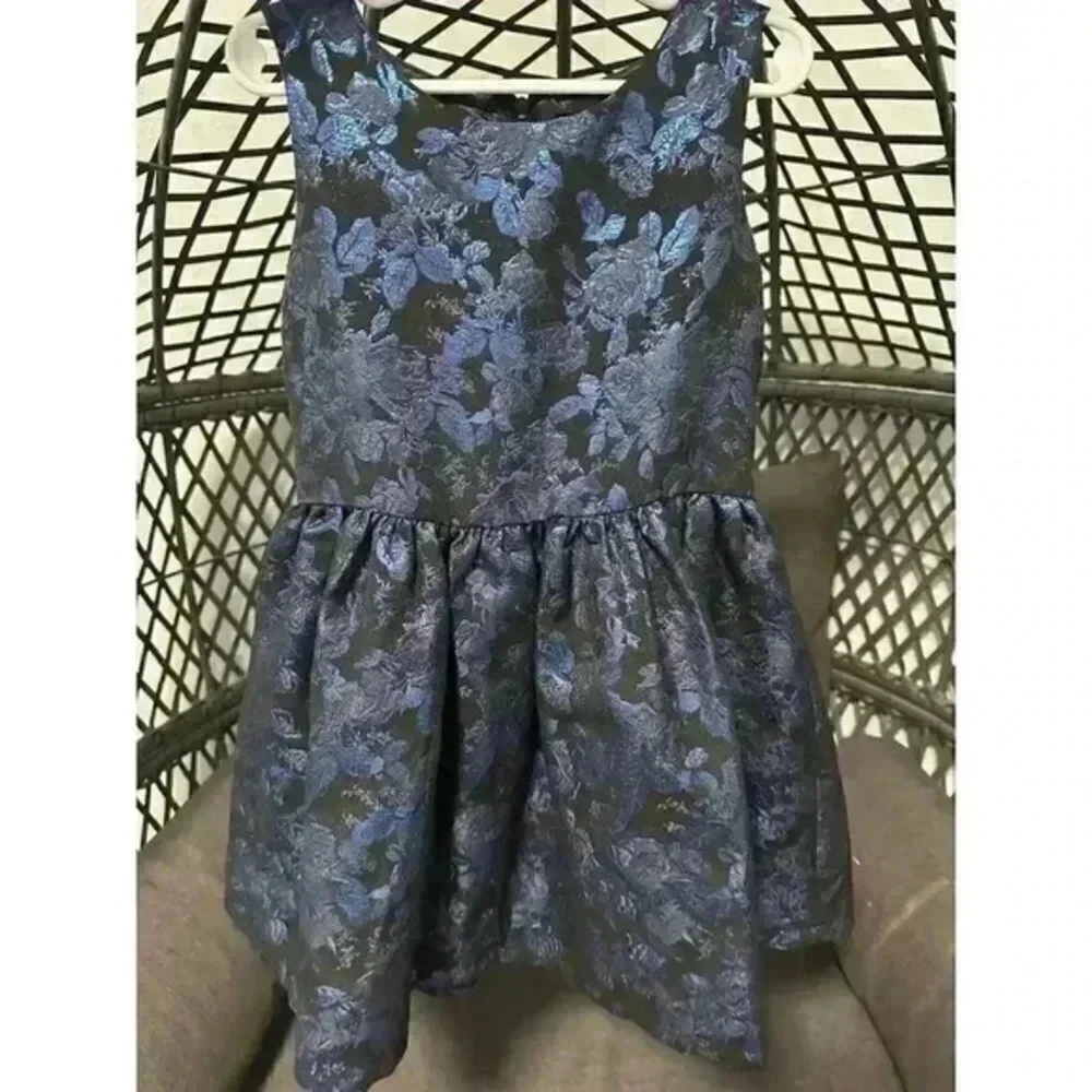 The Childrens Place Girls Dress Size 6 Blue Black Metallic Floral Jacquard Party